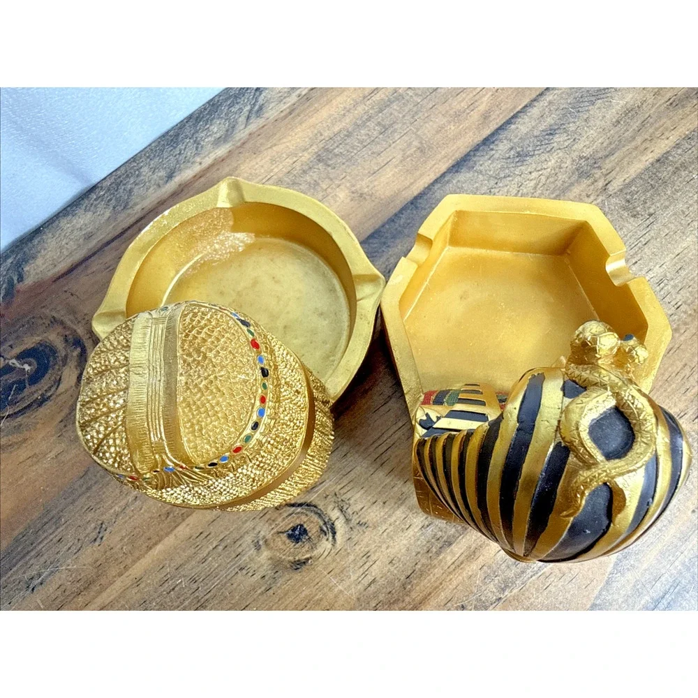Egyptian Ashtray Set King Tut Cleopatra Gold Colored Resin Egypt Pharaoh Theme